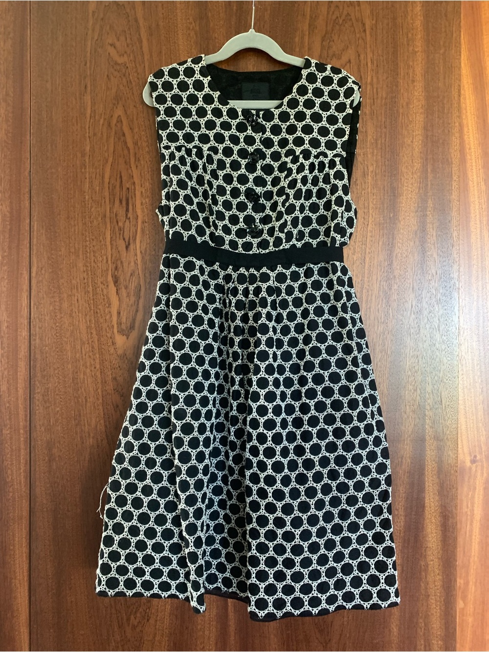 Anna Sui Anthropologie Black & White Sleeveless Circle-Print Fit-and-Flare Dress